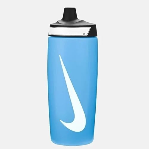 The image shows a sleek, unisex Nike soft plastic sipper with a spill-proof lid, featuring a lightweight design and the Nike logo.