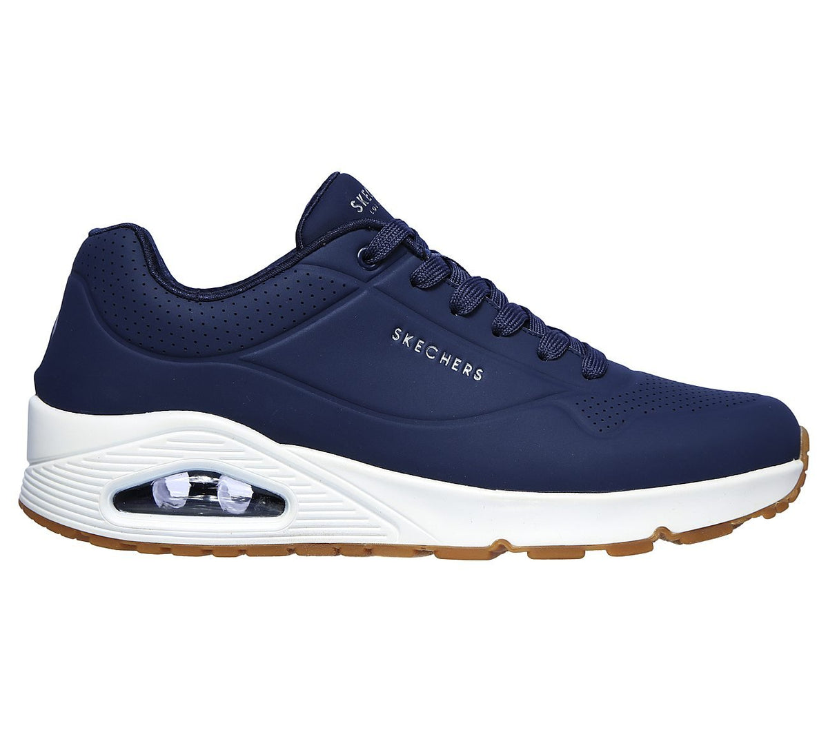 Side view of Skechers UNO Stand On Air Men's lace-up lifestyle footwear with modern design