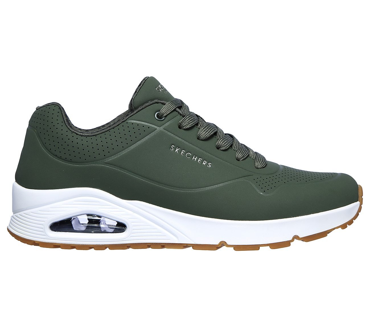 Side view of Skechers UNO Stand On Air Men's lace-up lifestyle footwear with modern design