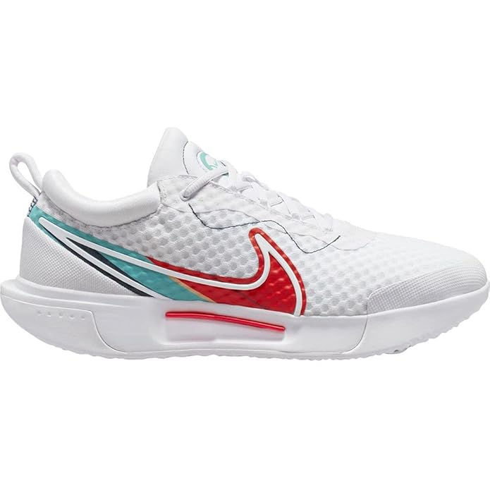The NIKE M ZOOM COURT PRO HC in white and red, featuring a sleek design with Zoom Air cushioning and a durable rubber outsole, perfect for high-speed court action.