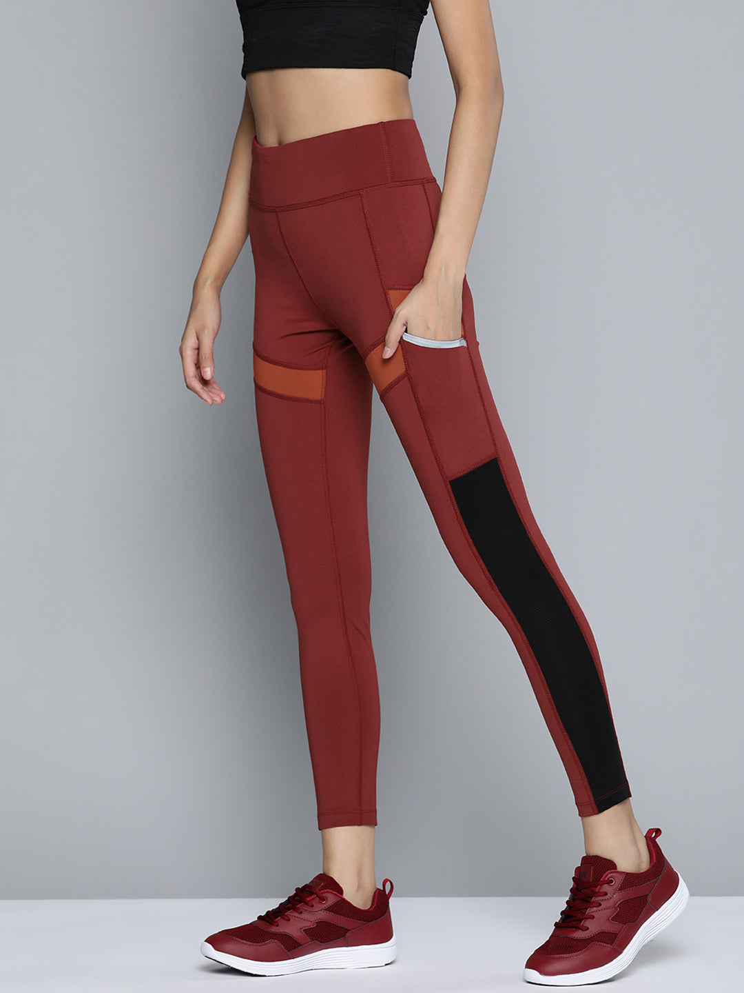 Alcis Alcis Women Plum and Orange Colorblocked Tights Women's Tights