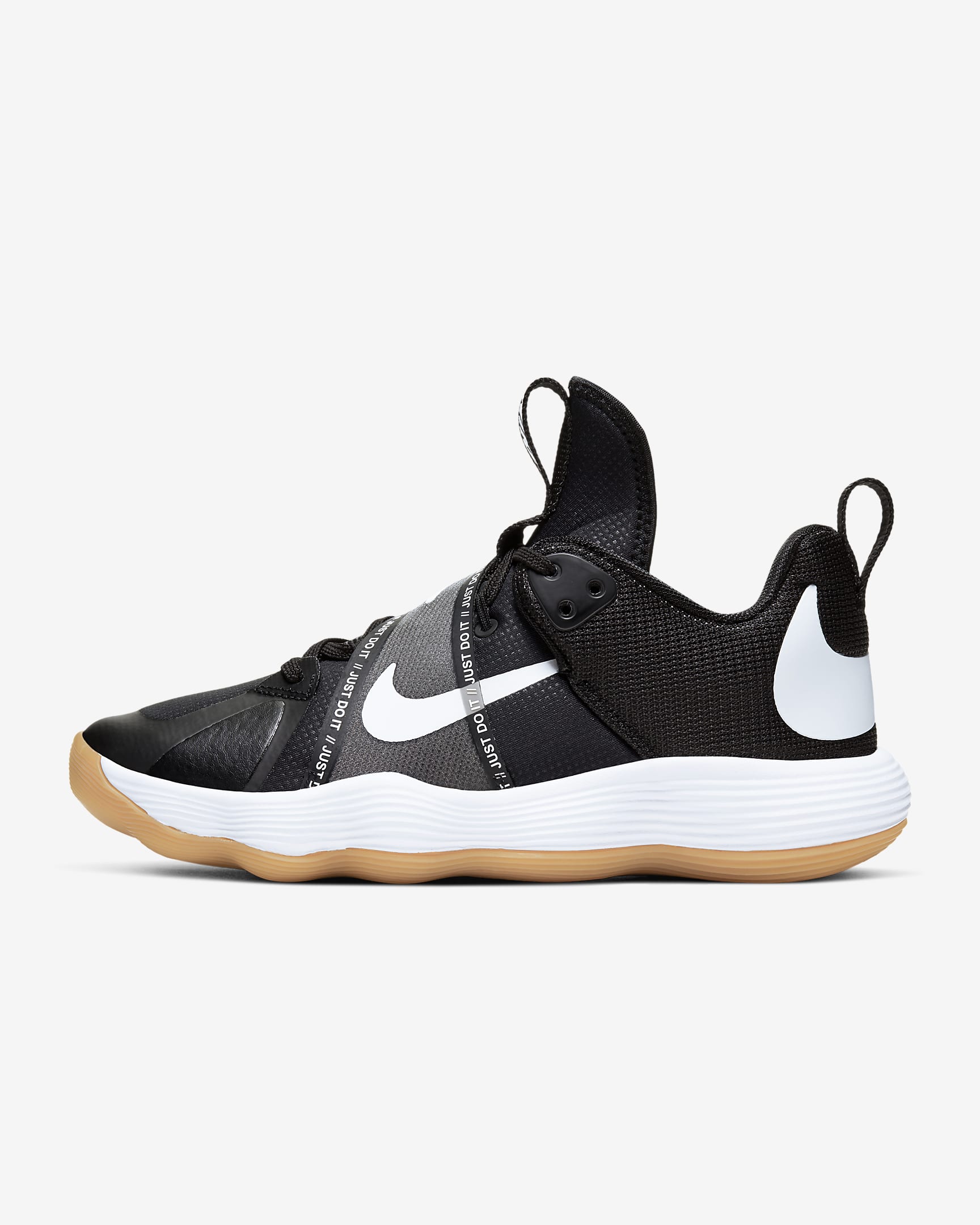 A side-angle view of Nike React Hyperset indoor unisex footwear showcasing the breathable mesh upper React foam midsole and durable outsole designed for court performance placed on a clean background.