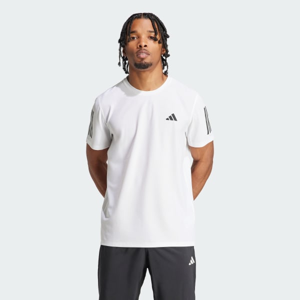 A front view of the Adidas Crew Tee, showing the Adidas logo prominently on the chest, the relaxed fit, and soft fabric with a clean background to emphasize the simple yet athletic design