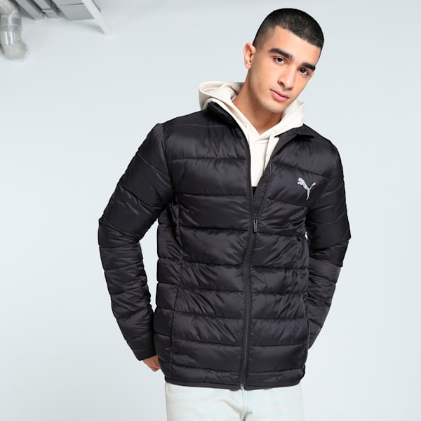 Front view of PUMA Men's Winter Jacket, highlighting the insulated design, sleek fit, and signature PUMA logo, ideal for cold-weather wear.