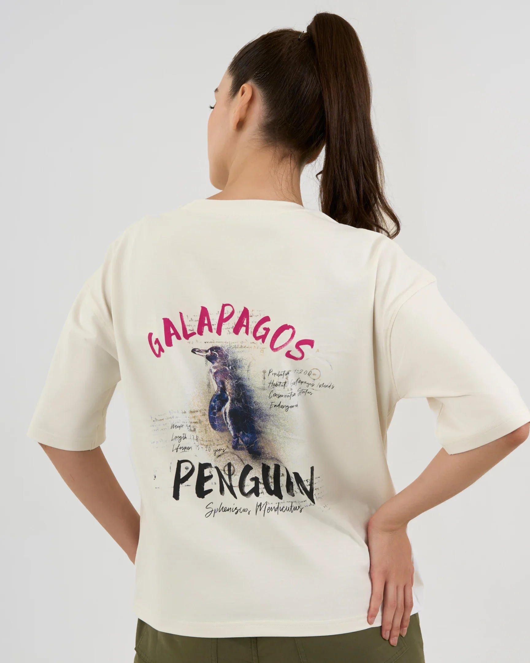DCYPHR DISCOVERY Women's Galapagos Penguin Graphic Tee-Off-white
