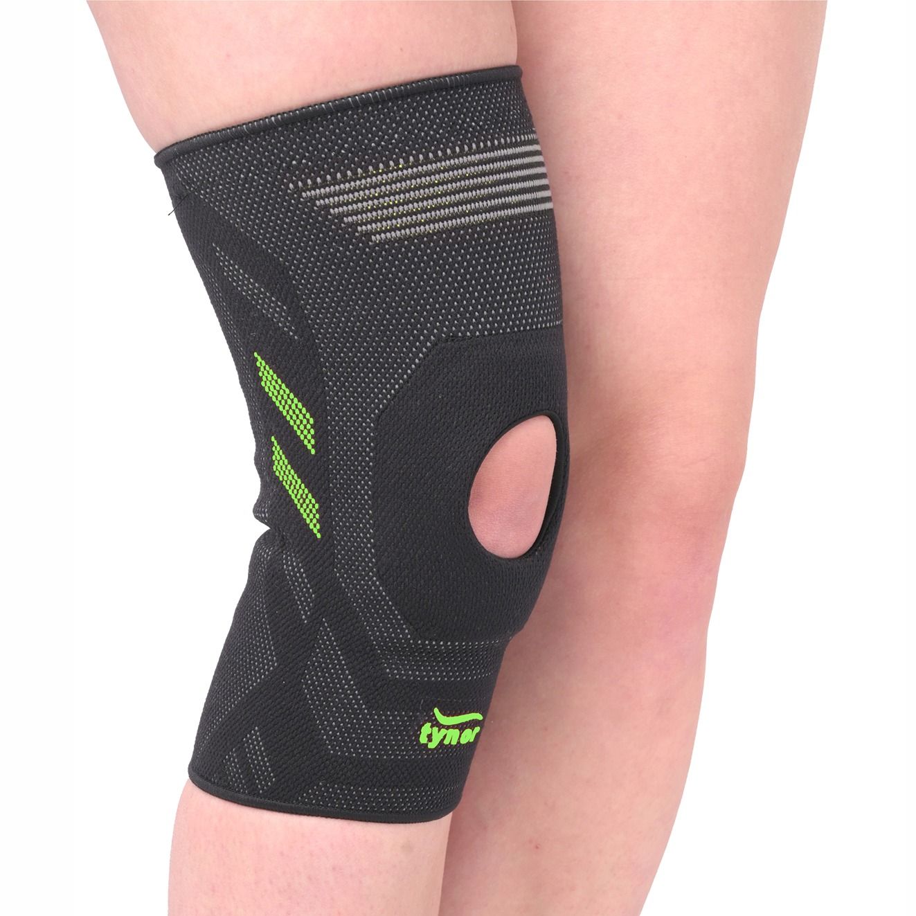 The image shows the Tynor Knee Cap Air Pro Open Patella from a side angle, focusing on the open patella design, breathable material, and adjustable straps for a secure and comfortable fit