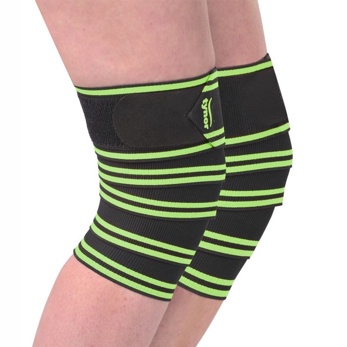 The image displays the Tynor Weight Lifting Knee Wrap from a side angle, showing its strong, durable material, adjustable straps, and ergonomic design for maximum support during lifting