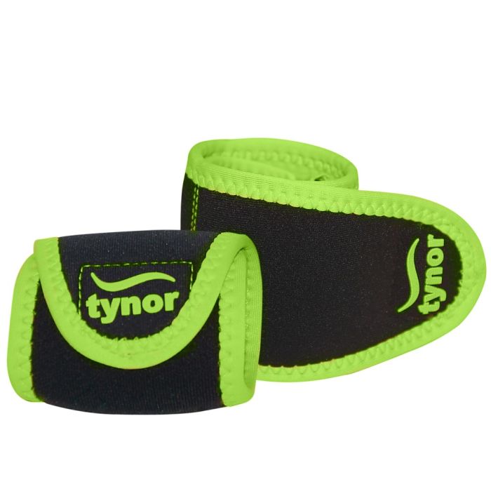 The image displays the Tynor Wrist Support with Thumb Loop (Neo) from a side view, showcasing its neoprene material, integrated thumb loop, and adjustable straps for a secure, comfortable fit