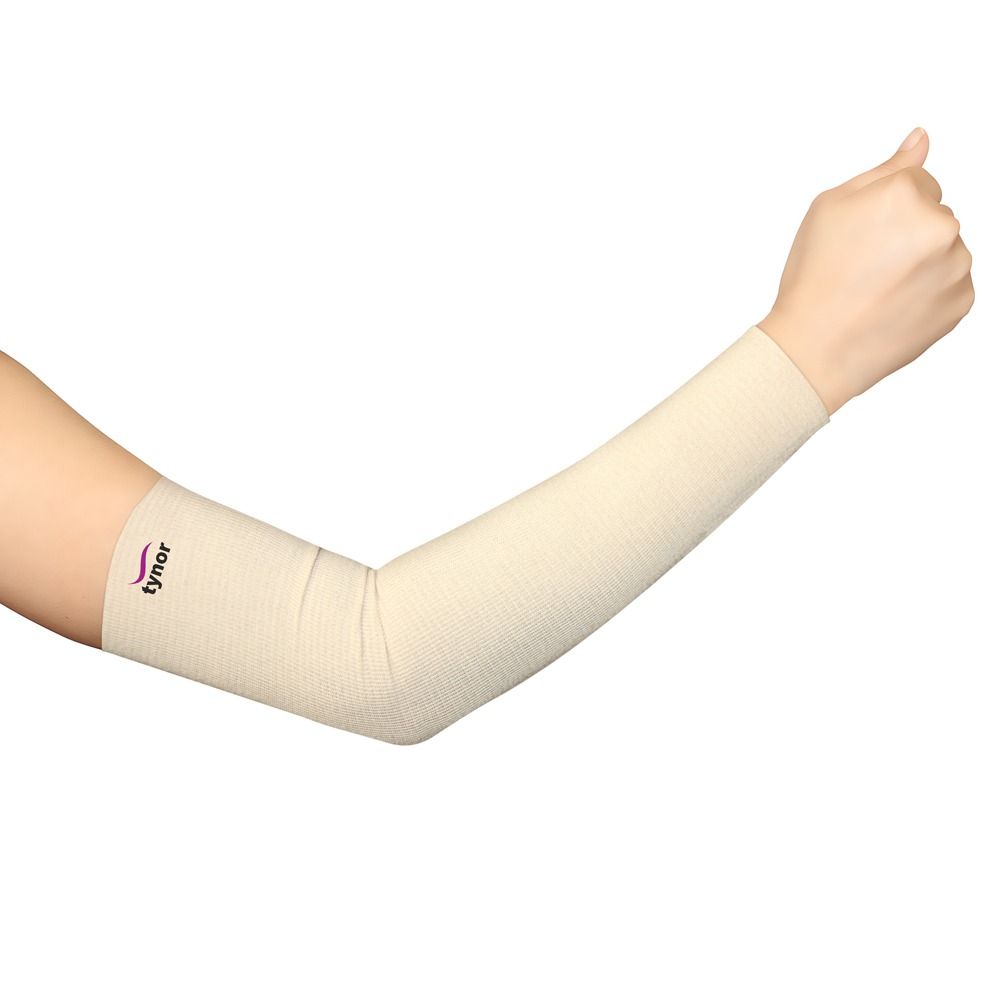 The image shows the Tynor Arm Sleeve in a side view, highlighting its snug fit, sleek design, and breathable fabric for movement support and enhanced comfort