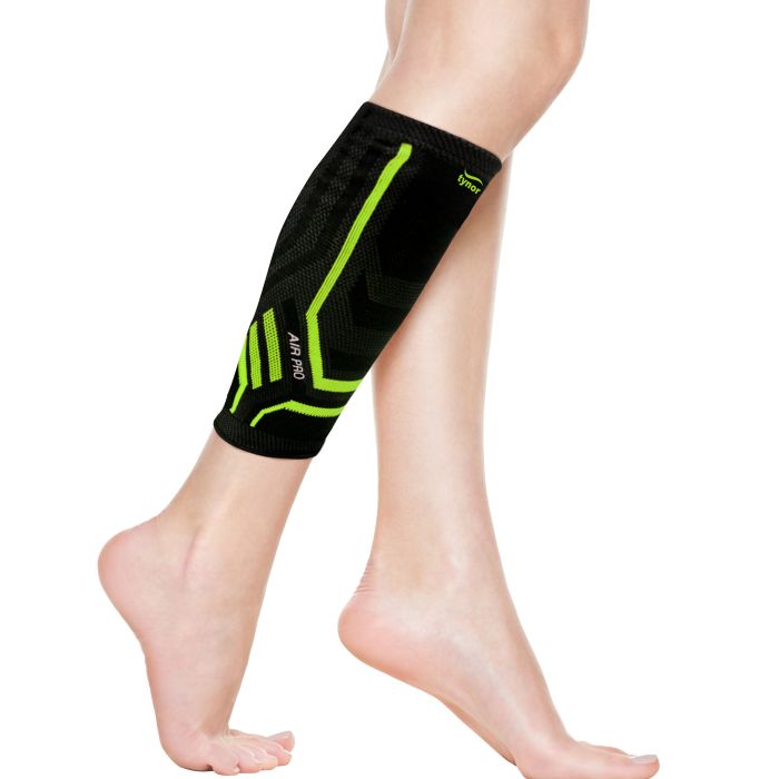 The image shows the Tynor Shin and Calf Support Air Pro from a side angle, focusing on its breathable material, adjustable straps, and ergonomic design for muscle support and stability