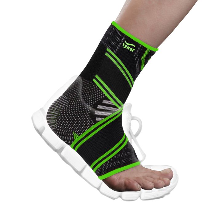 The image displays the Tynor Ankle Binder Air Pro from a side angle, showcasing its streamlined design, adjustable straps, and breathable material for enhanced comfort and movement support