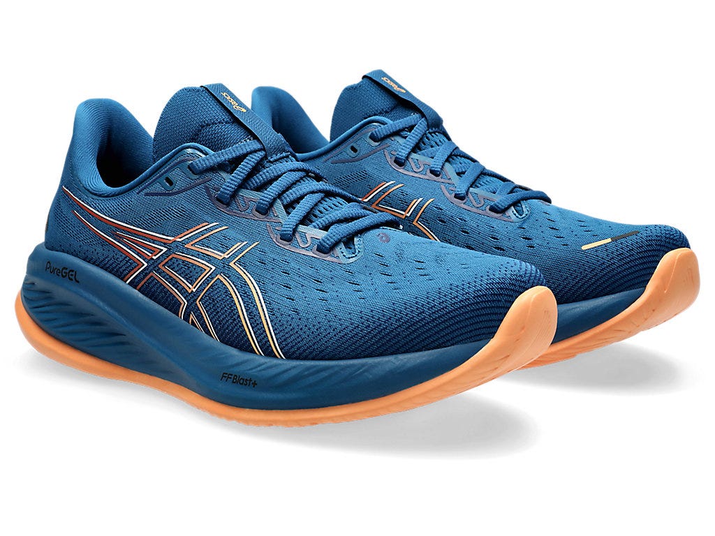 The image showcases the Asics Men’s Lace-Up Running Shoes from a side angle, highlighting their streamlined design, breathable mesh upper, and sturdy rubber outsole. The shoes are placed on a flat surface, showing the lace-up closure, and the overall shape emphasizing both their athletic look and functionality.