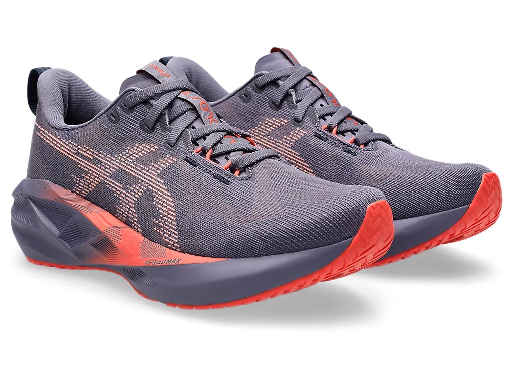 The ASICS NOVABLAST 5 for women with responsive cushioning, Trampoline™ technology, and a breathable, lightweight design, perfect for high-speed running