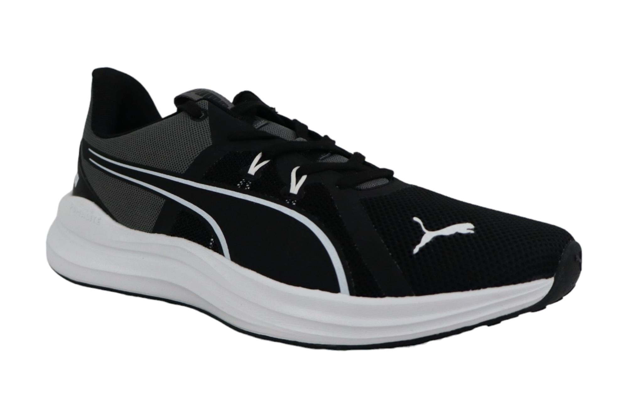 Side view of PUMA Men's Running Lace-Up Sneakers, showcasing the breathable upper, cushioned midsole, durable outsole, and iconic PUMA logo, designed for comfort and performance in running.