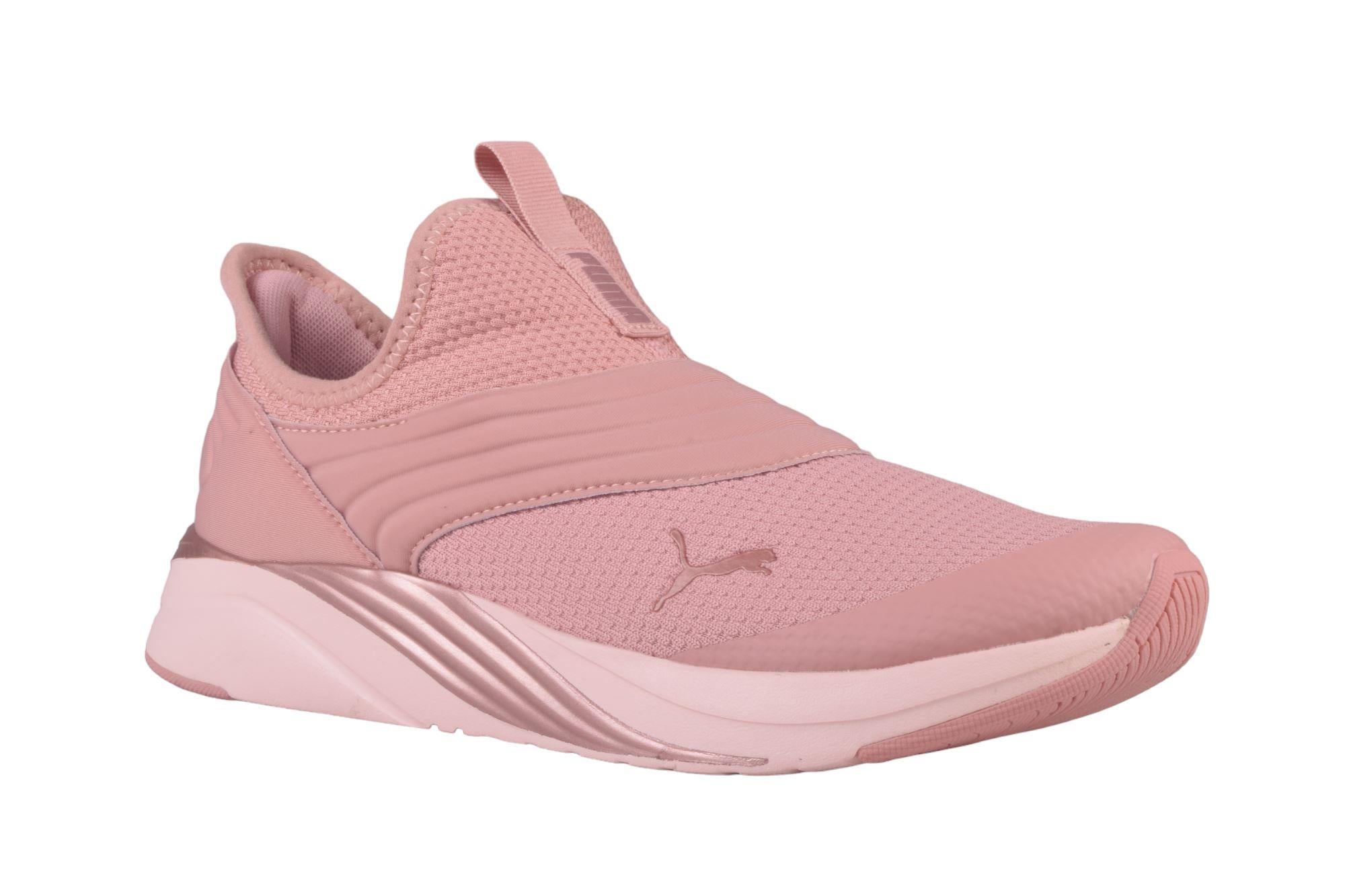 Side view of PUMA Women's Running Slip-On Sneakers, highlighting the breathable upper, cushioned midsole, durable outsole, and iconic PUMA logo, designed for comfort and performance in running and active wear.