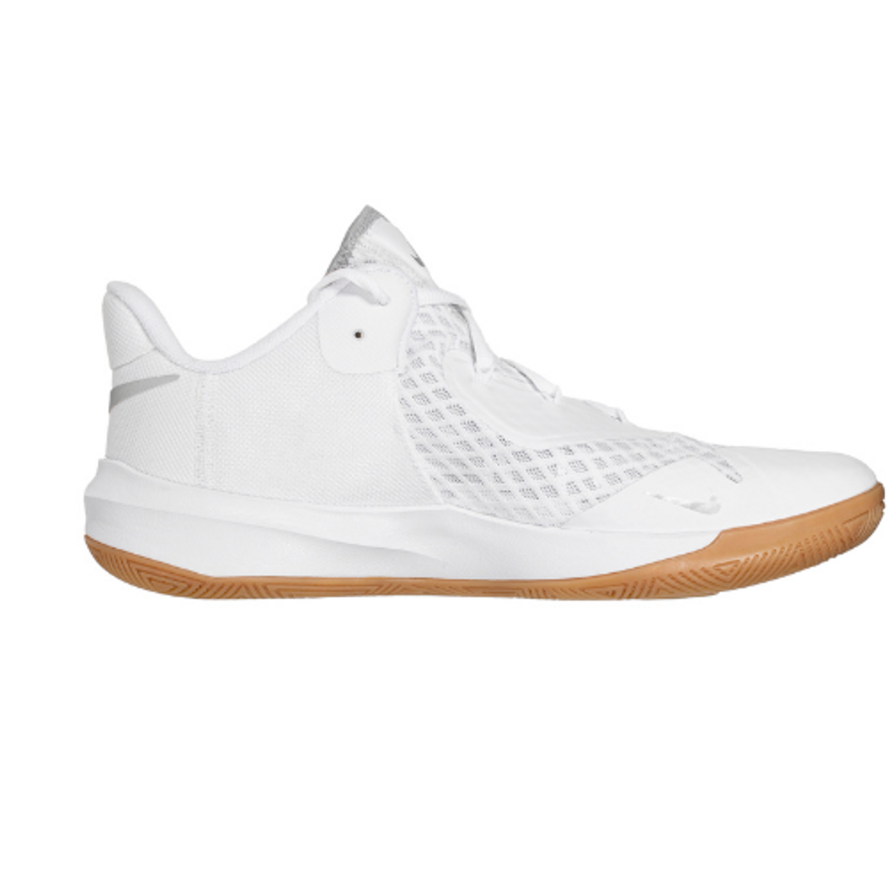 A side-angle view of Nike Zoom Hyperspeed Court SE indoor unisex footwear highlighting the breathable upper Zoom Air cushioning and durable outsole designed for court performance placed on a clean background.