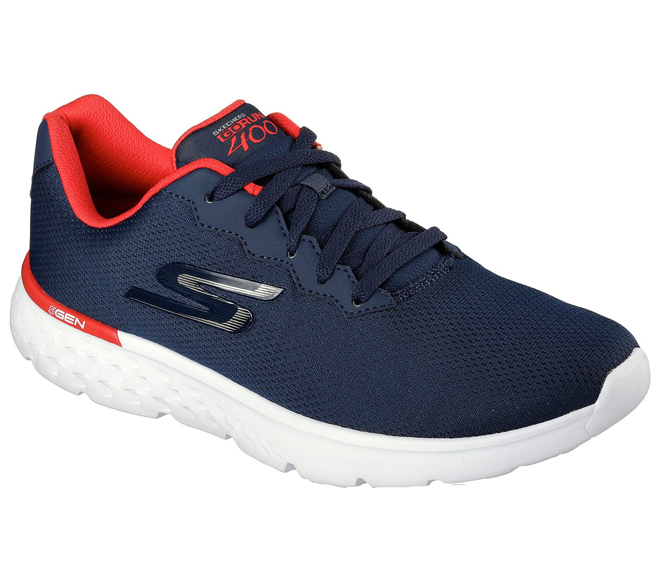 Side view of Skechers GO RUN 400 Men's lace-up walking shoes featuring breathable fabric and sleek design