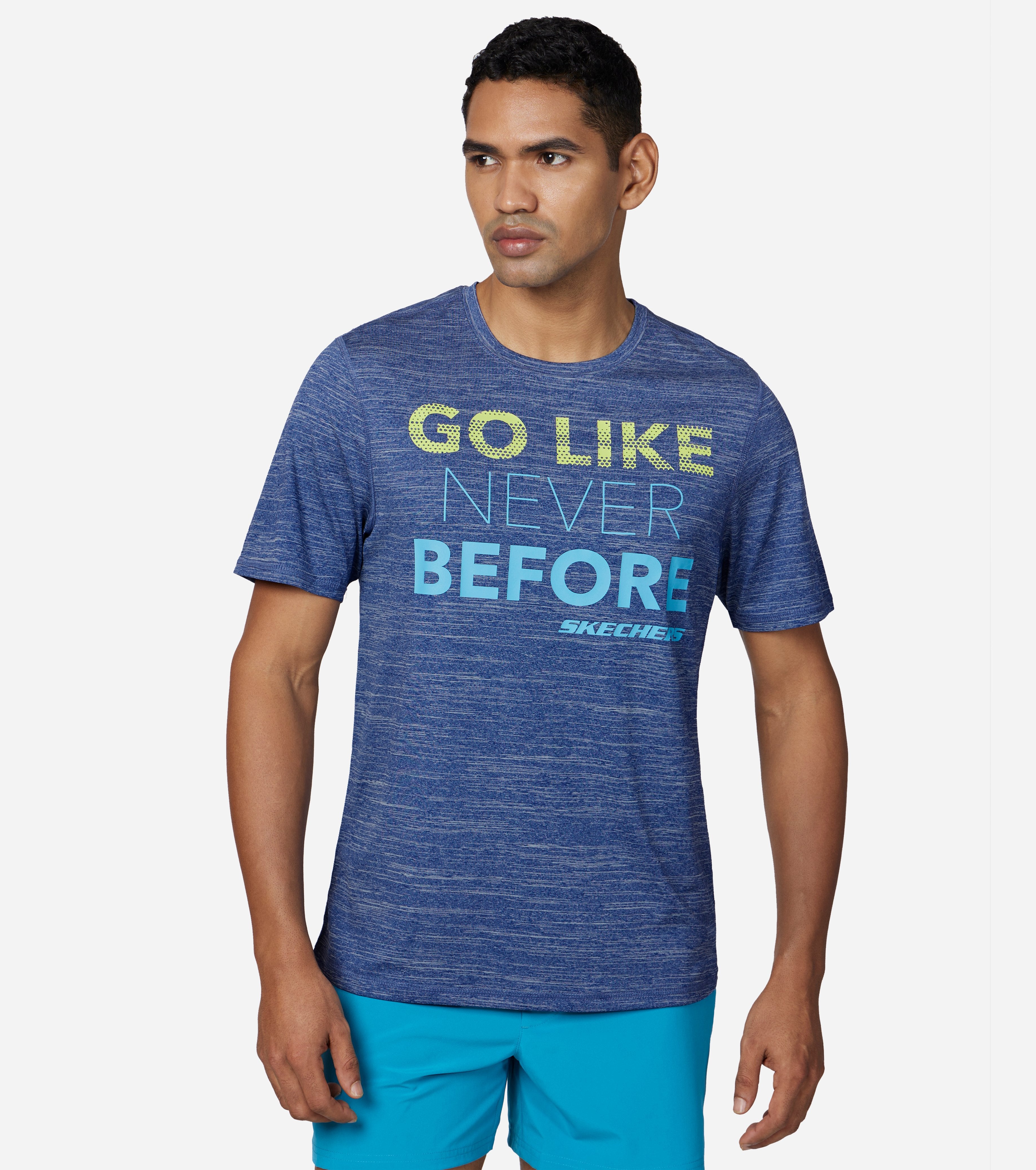 Front view of Skechers Go Like Never Before Men's crew tee with bold graphic design