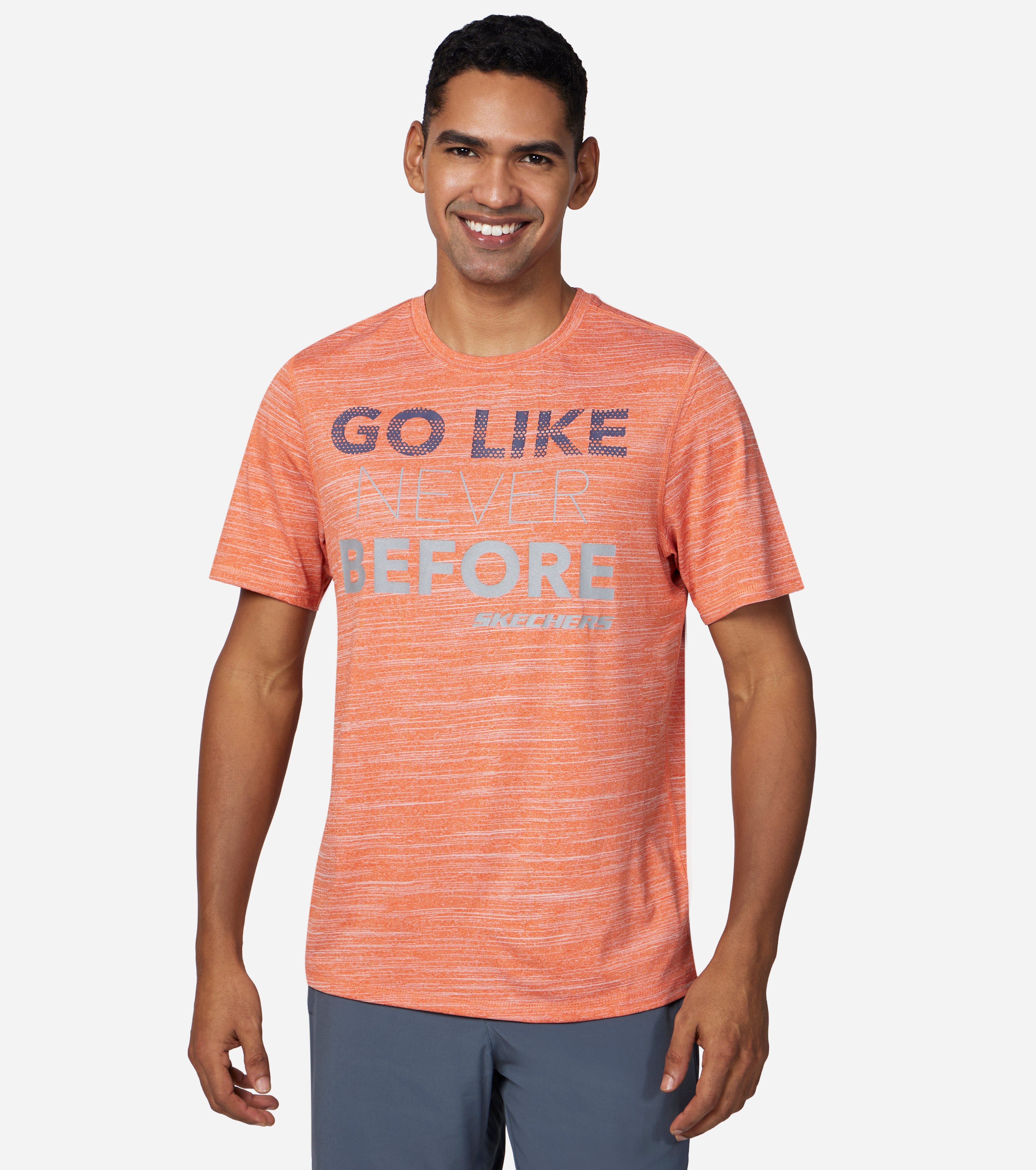 Front view of Skechers Go Like Never Before Men's crew tee with bold graphic design