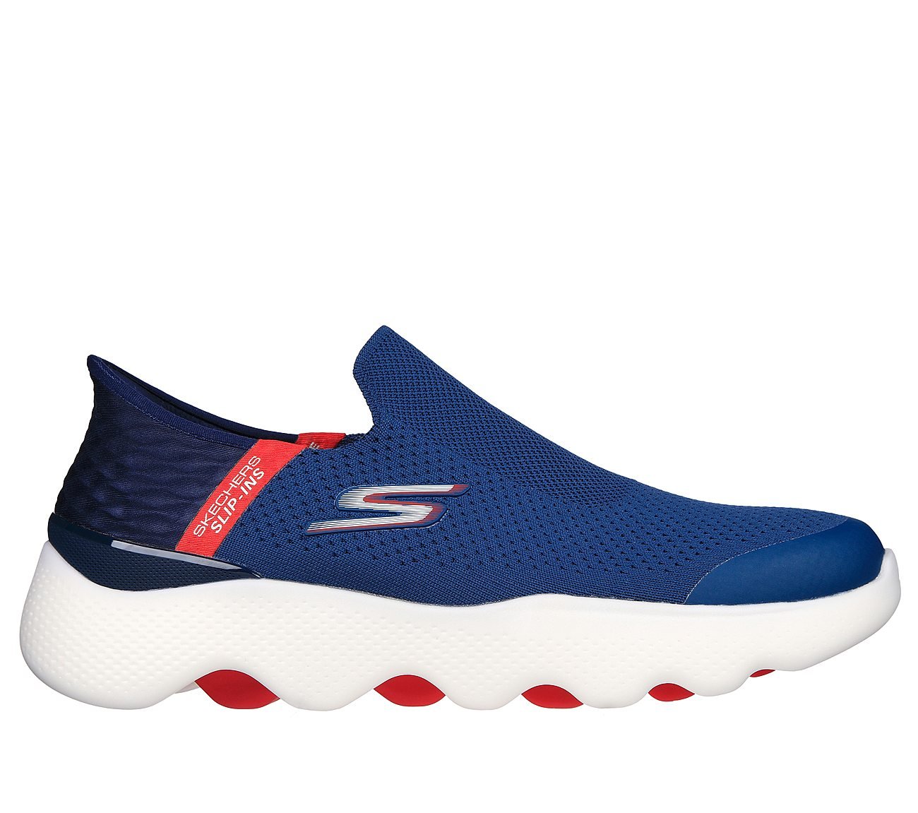 The image shows Skechers men's slip-on footwear captured at an angled side view, highlighting the sleek upper material and cushioned sole. The focus is on the ergonomic design and seamless fit