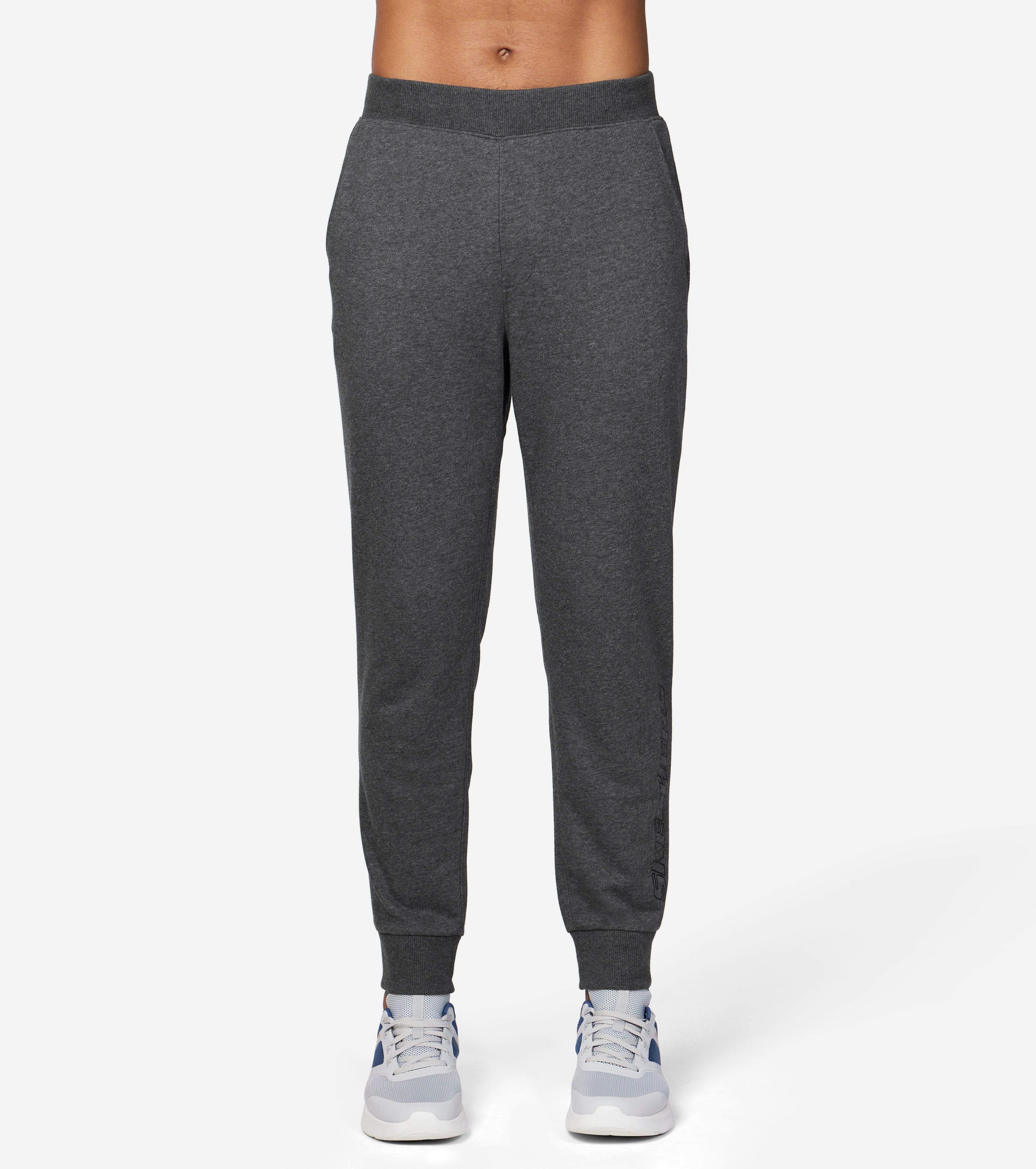 Side view of Skechers Skech Sweats Logo Jo Men's joggers with elastic waistband and Skechers logo