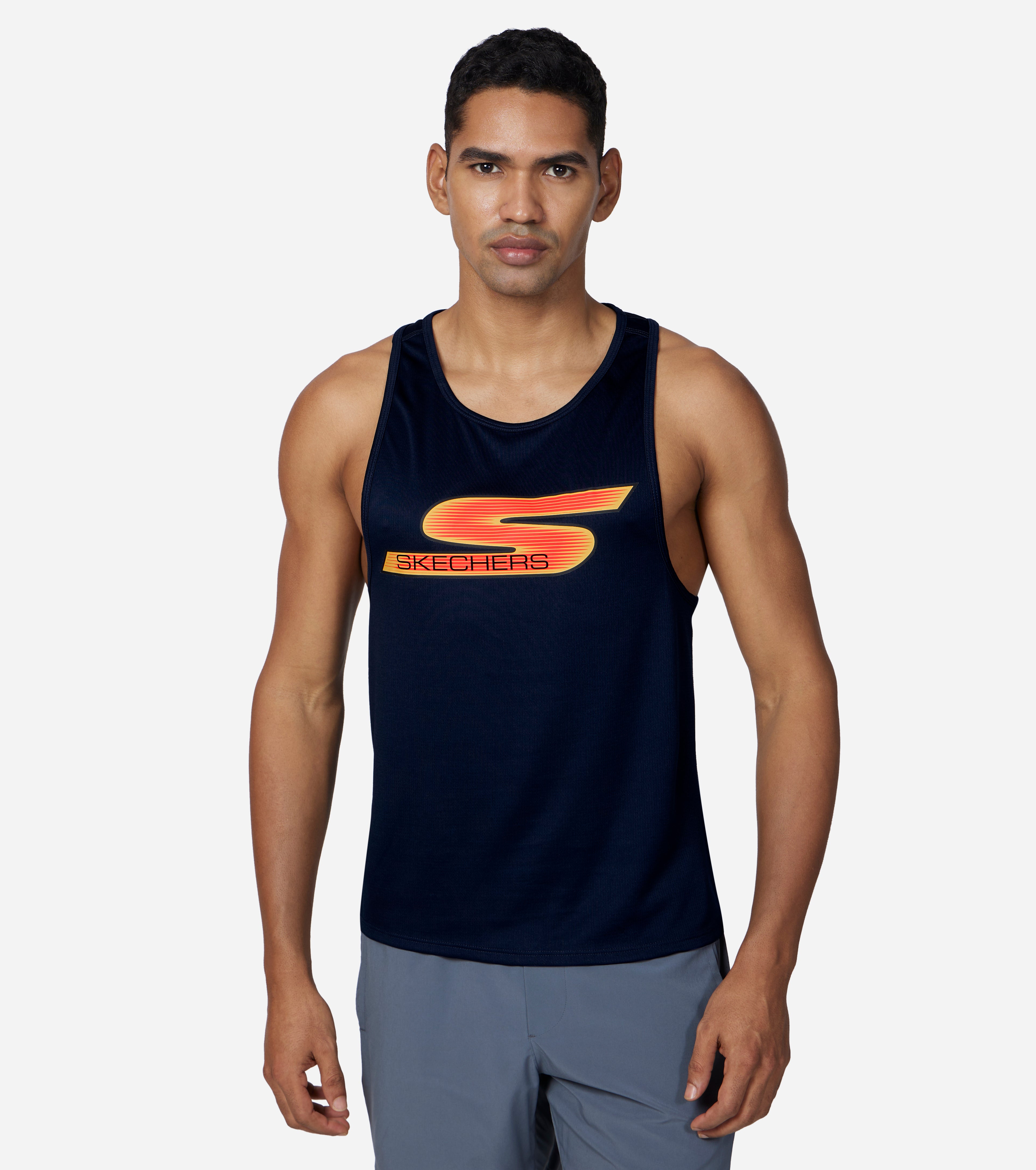 Side view of Skechers GORun Razor Singlet Men's tank showcasing breathable design and sleek fit