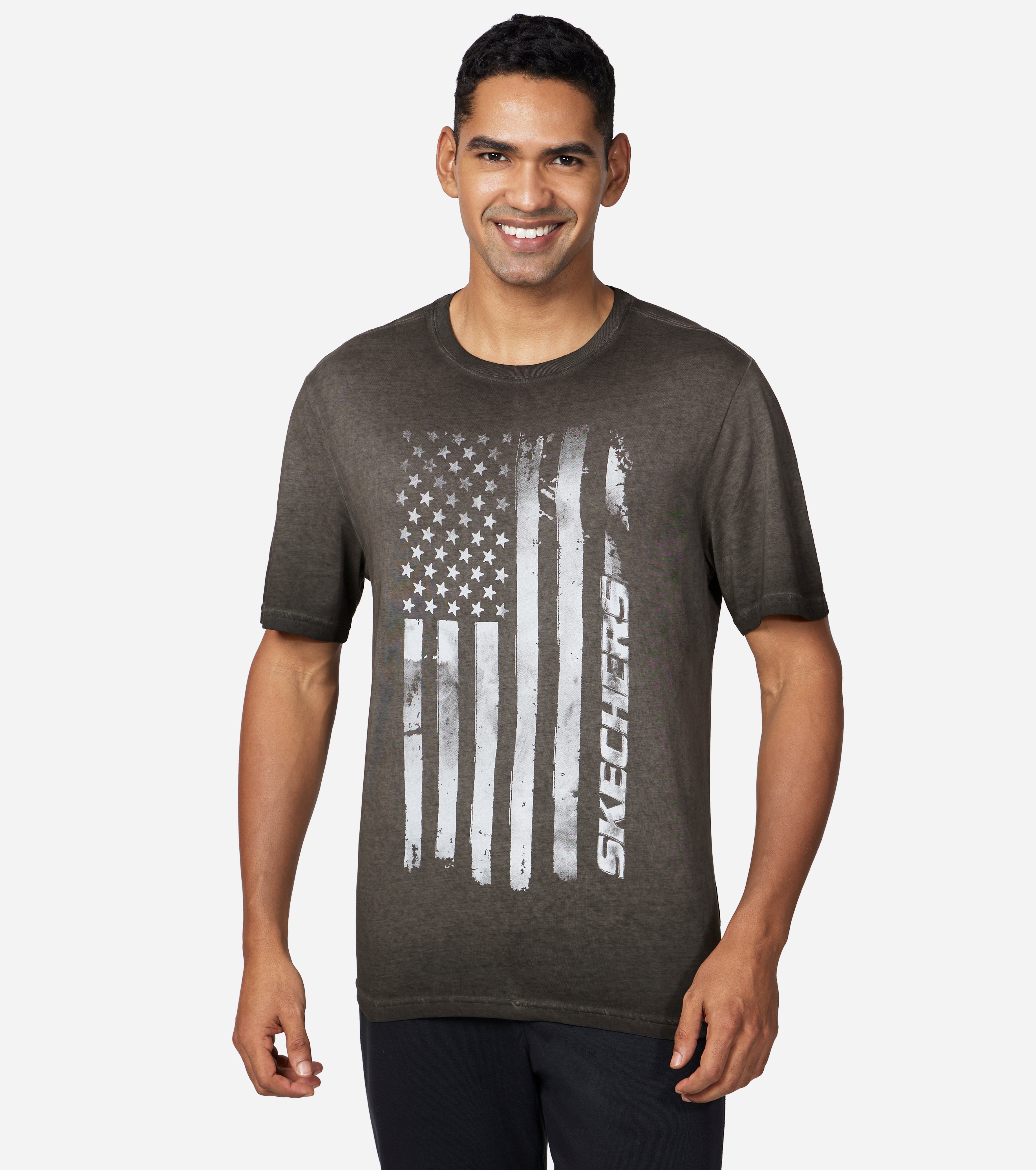 Front view of Skechers Skech Dye Flag Tee Men's crew-neck tee with bold dyed flag design