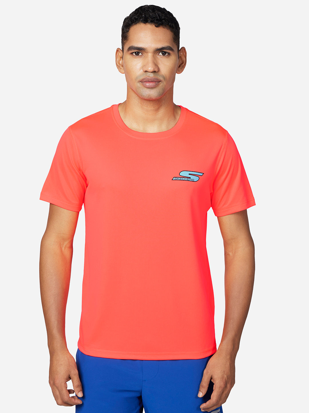 Front view of Skechers GORun Elevate Tee Men's crew-neck tee showcasing modern design and breathable fabric