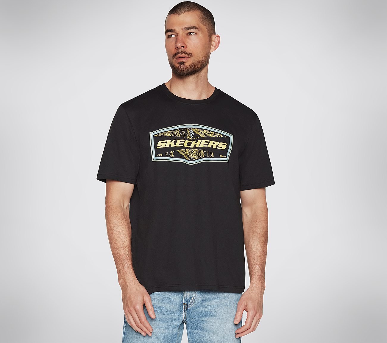 Front view of Skechers Latitude Tee Men's crew-neck tee with modern design and breathable fabric