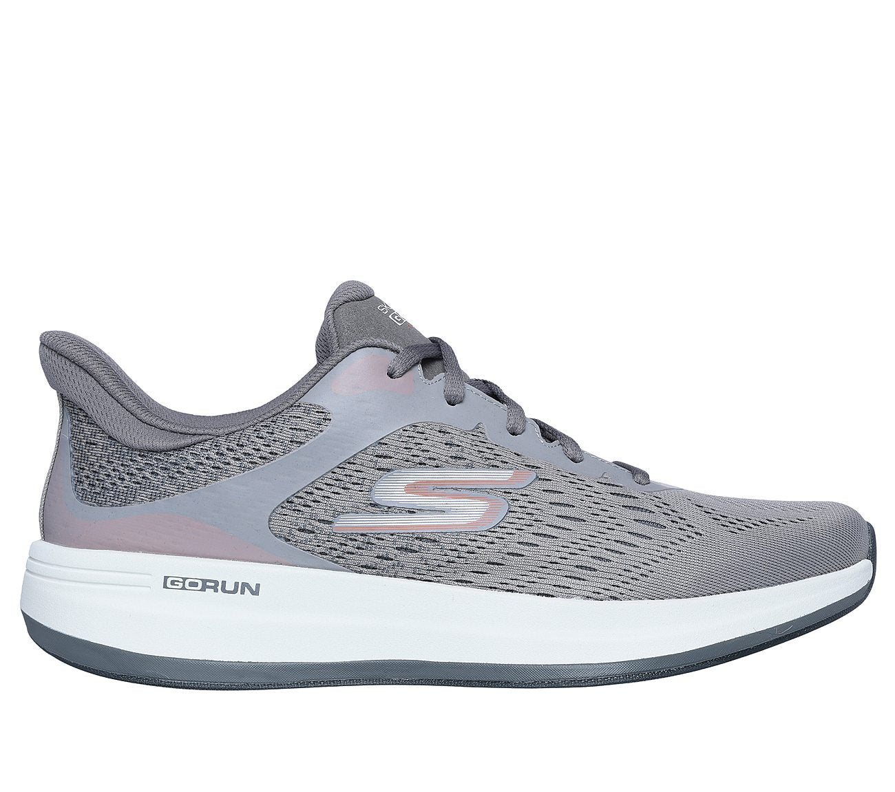 The photo displays a pair of Skechers lace-up running shoes angled to highlight the breathable upper material, cushioned insole, and sturdy outsole. The shoes are shown in a dynamic, sporty pose emphasizing their lightweight design and sleek style