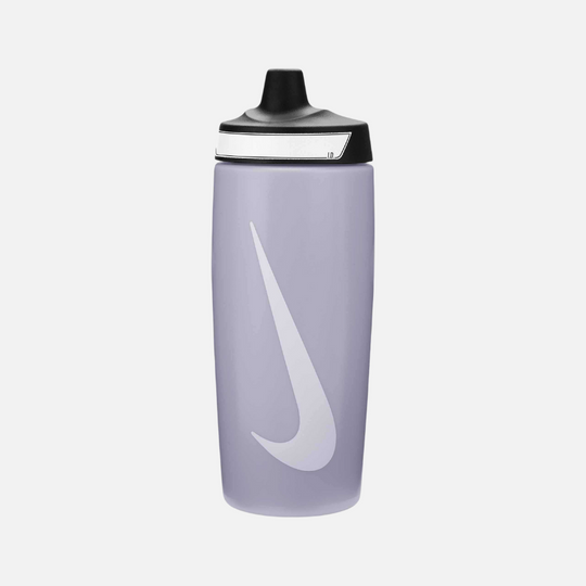 The image shows a sleek, unisex Nike soft plastic sipper with a spill-proof lid, featuring a lightweight design and the Nike logo.