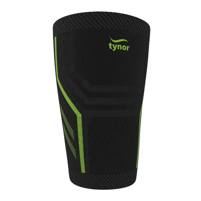 The image shows the Tynor Thigh Support Air Pro from a side angle, highlighting its breathable material, adjustable straps, and ergonomic design for targeted support and comfort