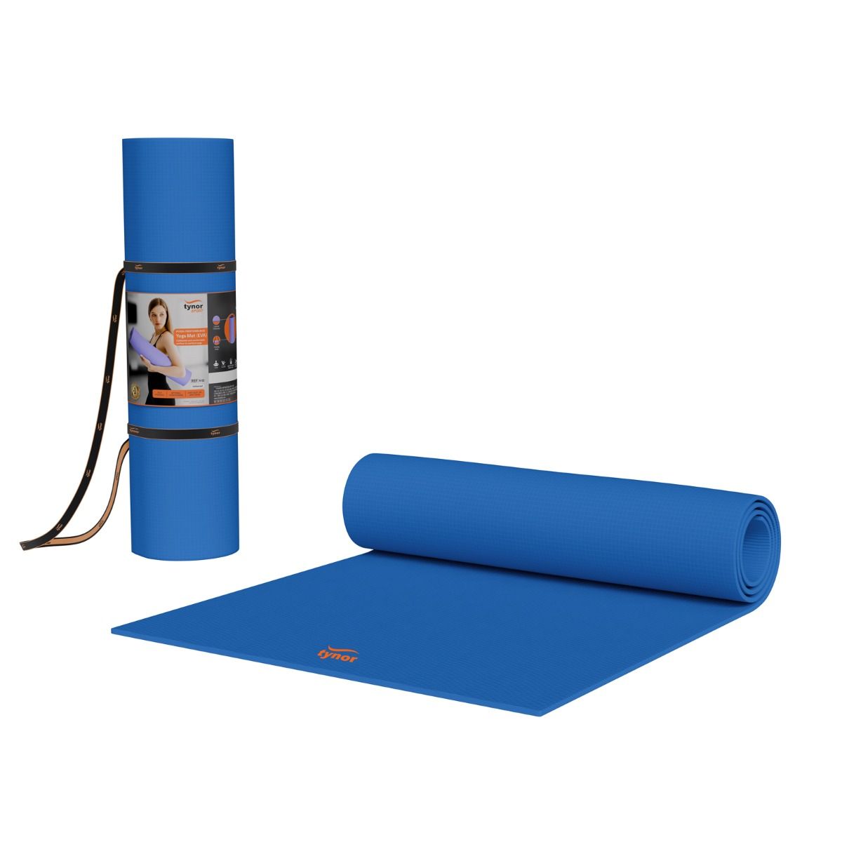 The image displays the Tynor Yoga Mat EVA from a top-down angle, showcasing its non-slip surface and thick padding for comfort and support during yoga or fitness sessions