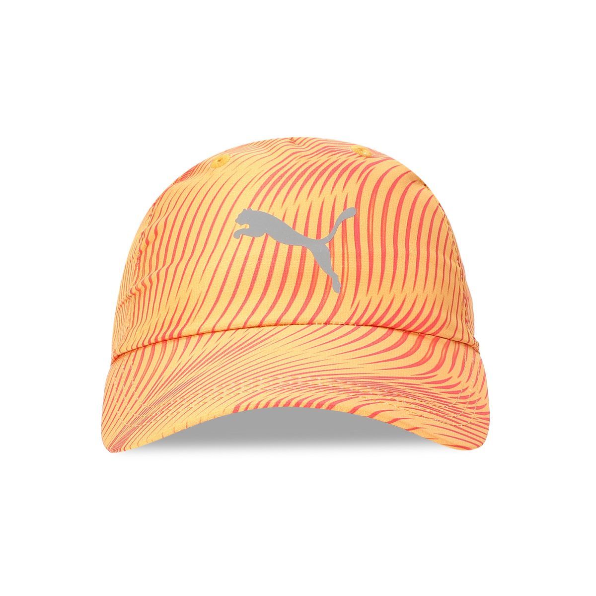 Front view of the PUMA Running AOP Cap showcasing its bold all-over print, adjustable strap, and iconic logo, displayed against a neutral background.