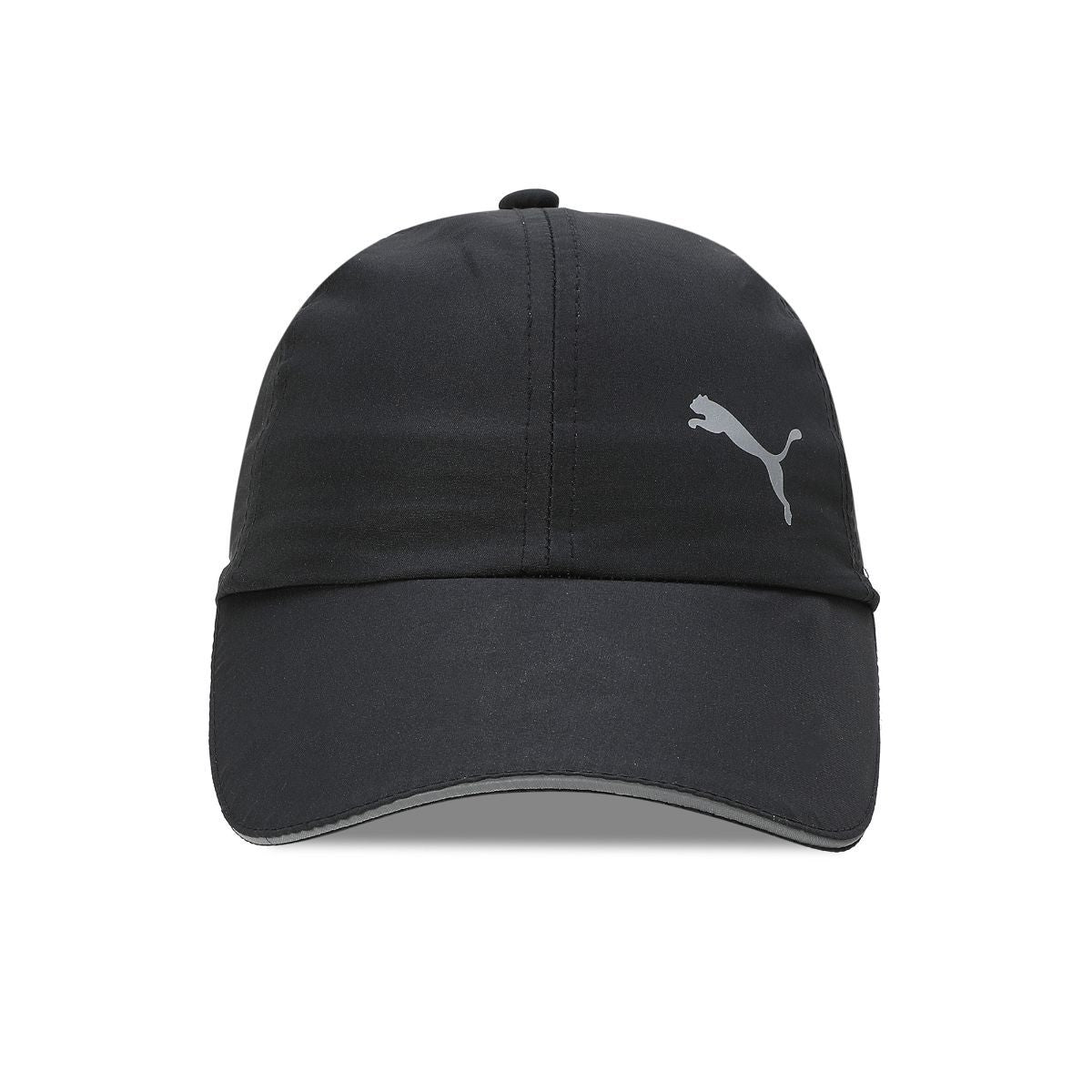 Front view of PUMA Essentials Running Cap showcasing a sleek design with the iconic logo and an adjustable strap, laid flat on a neutral background.