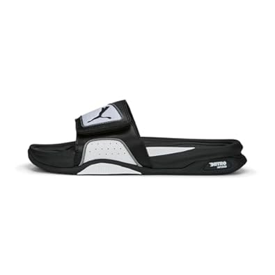 Side view of PUMA Men's Slippers, showcasing the soft plush interior, non-slip outsole, and iconic PUMA logo, designed for comfort and stability during indoor wear.