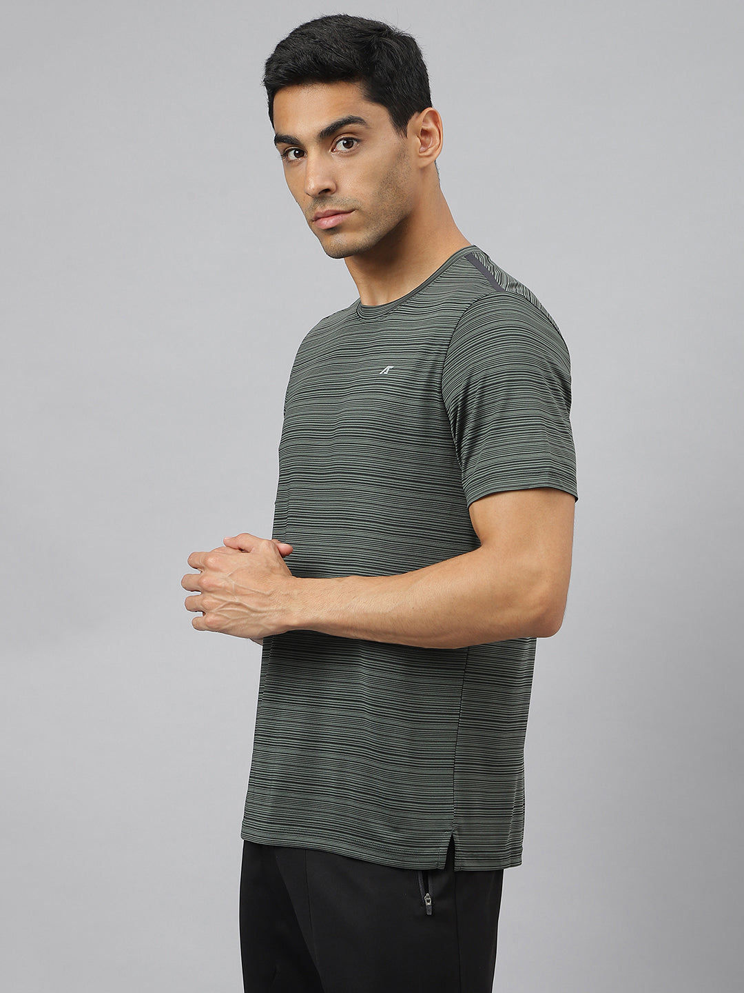 Alcis Men's Dark Green Stretch-X Anti-Static Slim-Fit Round Neck Running T-Shirt-AAMTEESM00058703