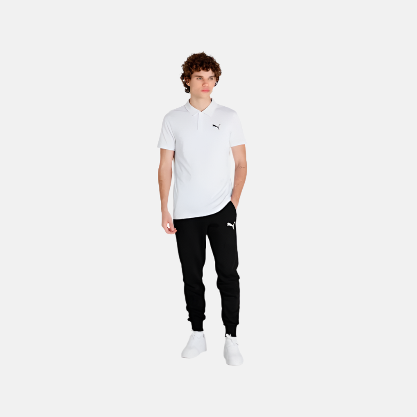 Front view of the PUMA All In Polo in White, showcasing the classic collar, button placket, and sleek, breathable fabric.