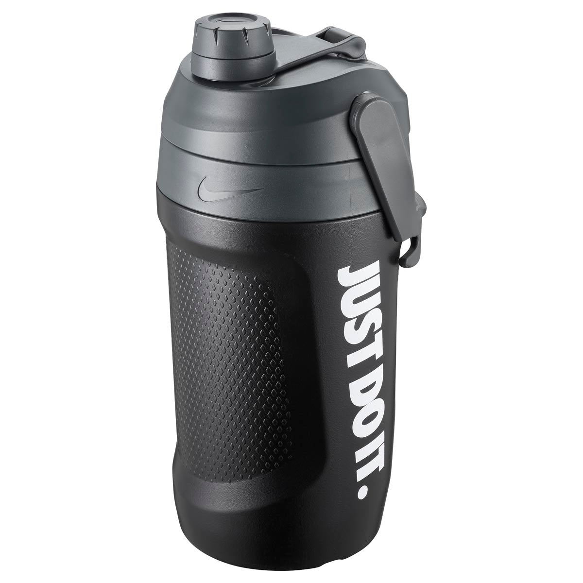 The image shows a large-capacity unisex Nike sipper bottle jug with a spill-proof cap, designed for easy hydration during workouts or outdoor activities.