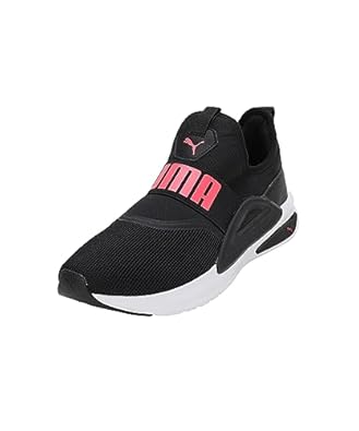 Side view of PUMA Women's Running Slip-On Sneakers, highlighting the breathable upper, cushioned midsole, durable outsole, and iconic PUMA logo, designed for comfort and performance in running and active wear.