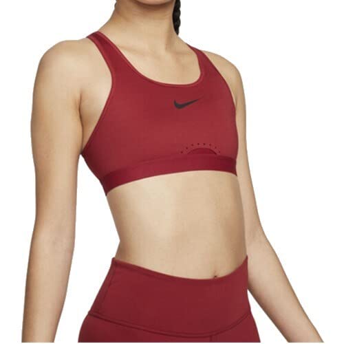 Front view of the NIKE AS W NK DF SWSH HS Bra in red, showcasing the high-support design, sleek fit, and Swoosh logo for a stylish and functional workout look.