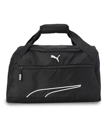 Side view of PUMA Men's Lifestyle Duffle Bag, showcasing the spacious compartments, adjustable shoulder strap, sturdy handles, and iconic PUMA logo, designed for both style and practicality.