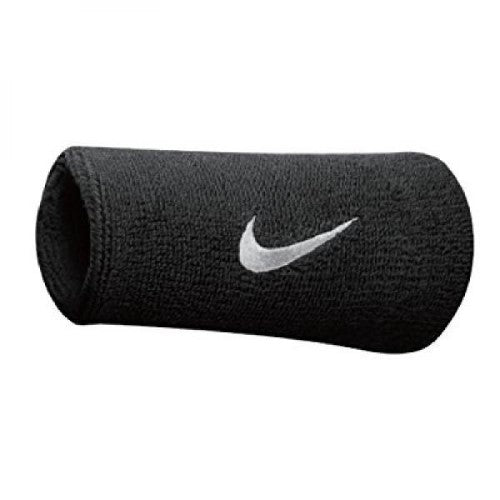 The image shows a Nike unisex wristband wrapped around the wrist, highlighting its soft, absorbent material and snug fit.