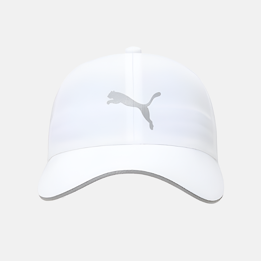 Front view of PUMA Unisex Running Cap III featuring a sleek design with the iconic logo and an adjustable strap, laid flat on a neutral background.