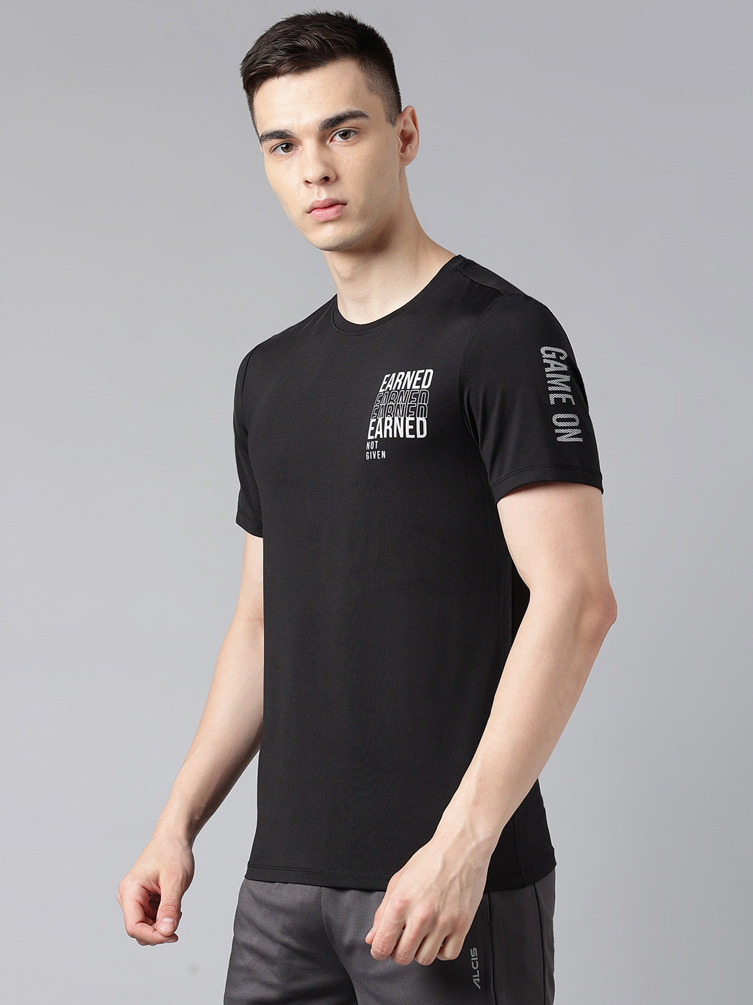 Alcis Men's Men's Printed Black Anti-Static Drytech+ Slim-Fit Training Tee-AAMTEEDS00071003