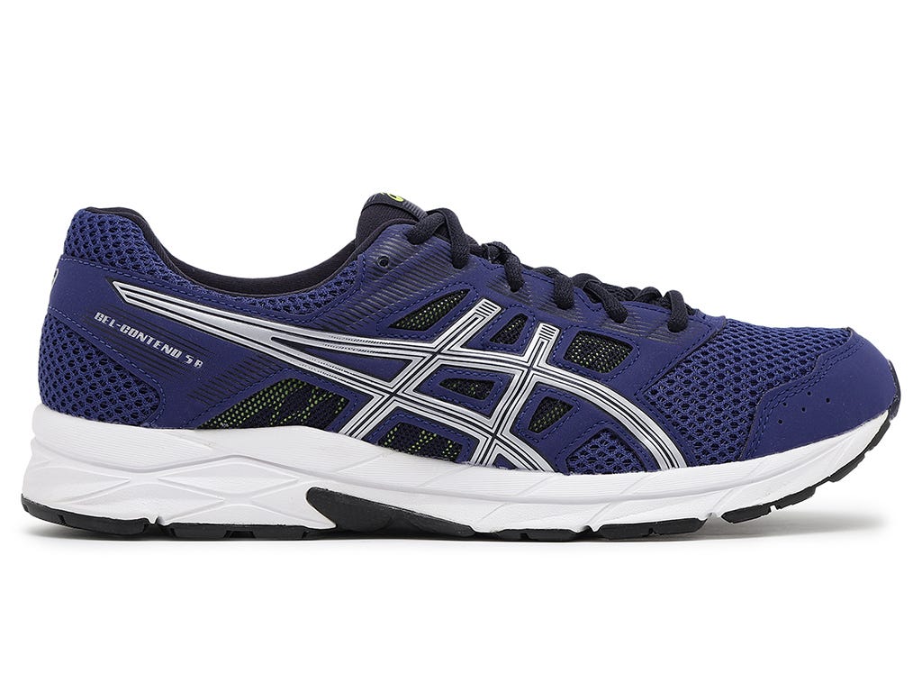 Side view of the ASICS GEL-CONTEND 5B Men Shoe, highlighting the GEL cushioning, breathable mesh upper, and durable rubber outsole designed for comfort and support.