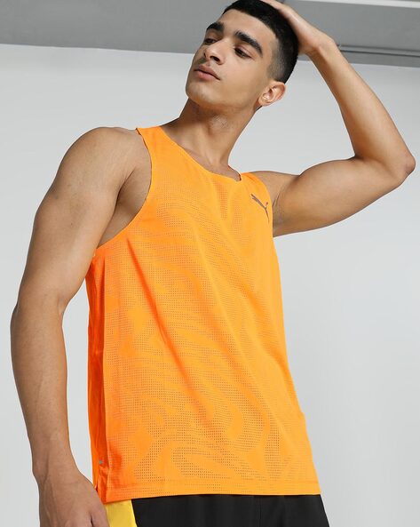 Front view of PUMA Men's Running Tank, showcasing the lightweight, breathable fabric, moisture-wicking features, and signature PUMA logo for running and active wear.