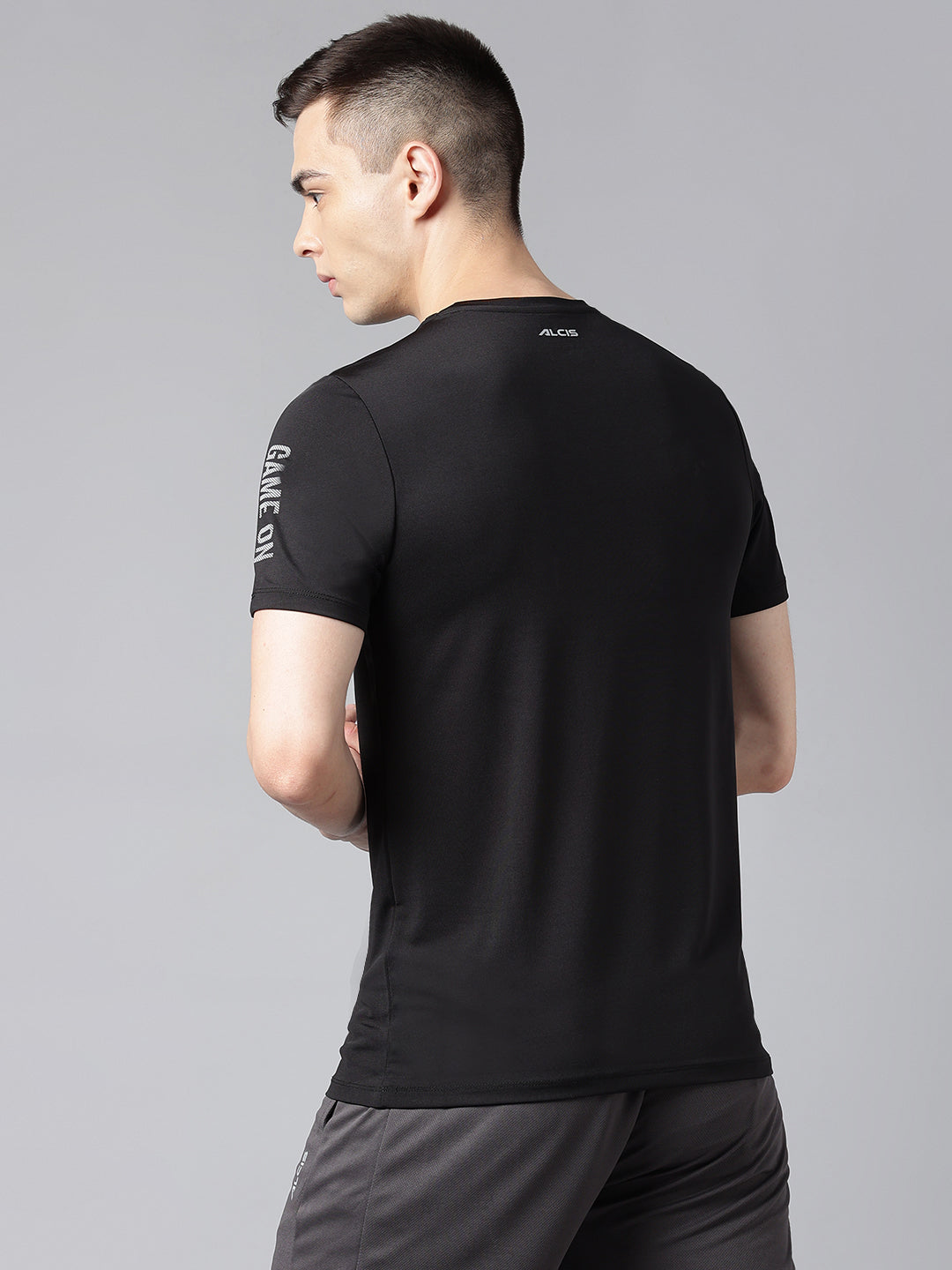 Alcis Men's Men's Printed Black Anti-Static Drytech+ Slim-Fit Training Tee-AAMTEEDS00071003