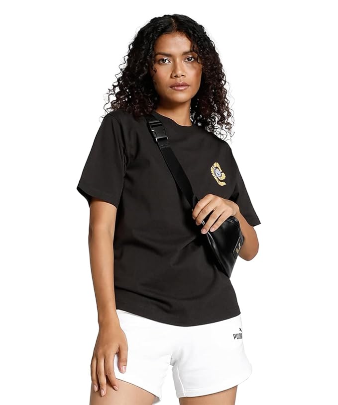 Front view of PUMA Women's Crew, showcasing the relaxed fit, soft fabric, and signature PUMA logo for a stylish and comfortable casual look.