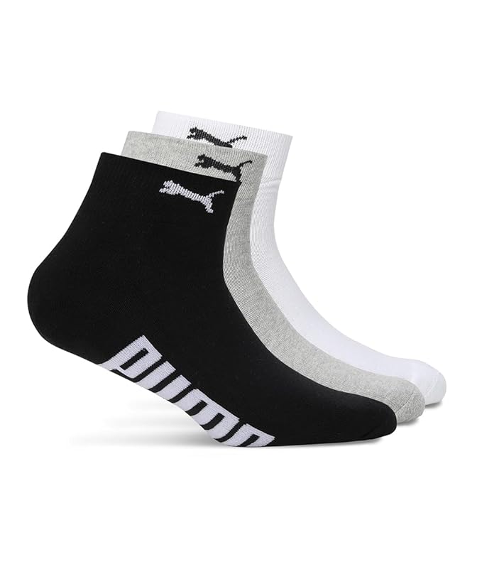 Side view of PUMA Unisex PO2 Socks, highlighting the soft fabric, reinforced toe and heel areas, and the iconic PUMA logo, designed for comfort and durability in everyday wear.